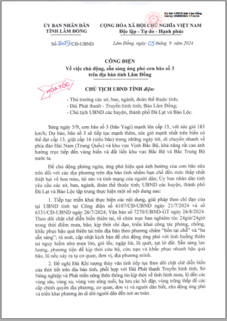 Công điện về việc chủ động, sẵn sàng ứng phó cơn bão số 3 trên địa bàn tỉnh Lâm Đồng